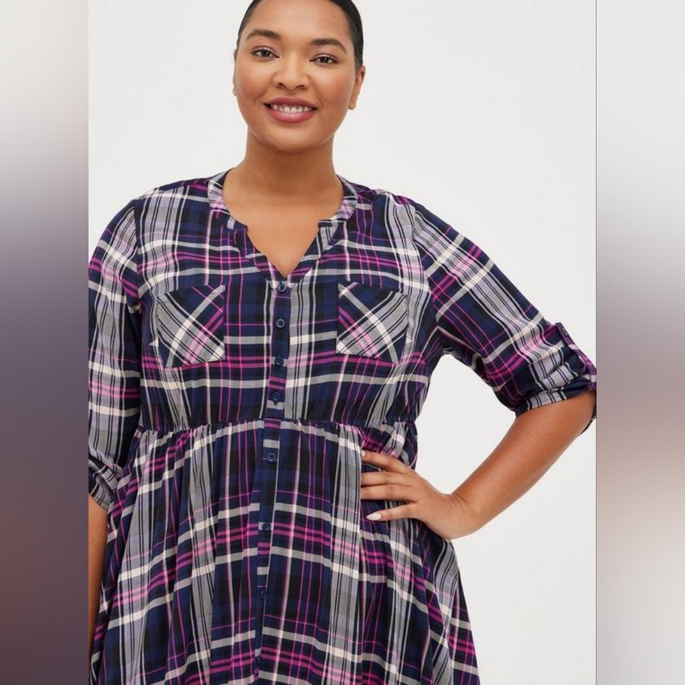 Torrid Plaid Mini Challis Button-Front Shirt Dress Size 2 - Picture 2 of 9
